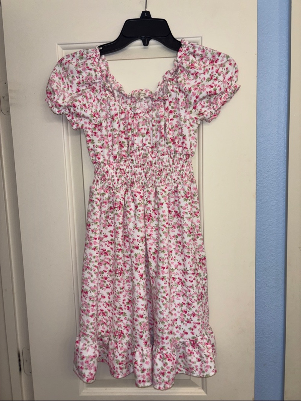 Girls' Pink Floral Smocked Puff-Sleeve Dress 14